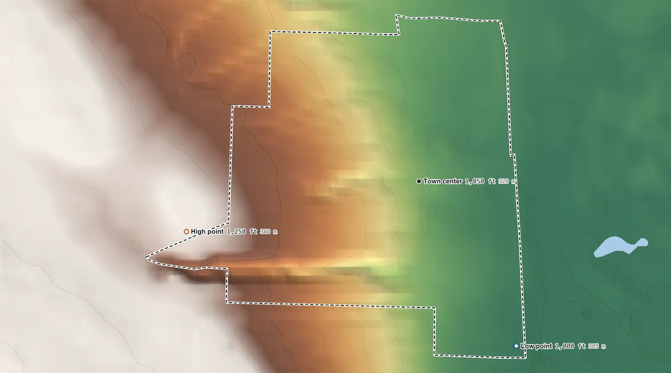 Topographic elevation map of Adamsville, Pennsylvania, shaded from 1,000 ft on the southeast side to 1,250 ft on the west side