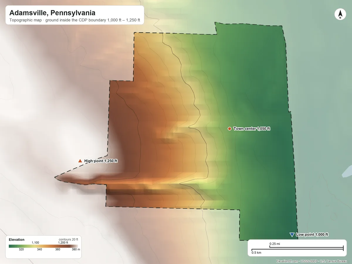Topographic elevation map of Adamsville, Pennsylvania, shaded from 1,000 ft on the southeast side to 1,250 ft on the west side