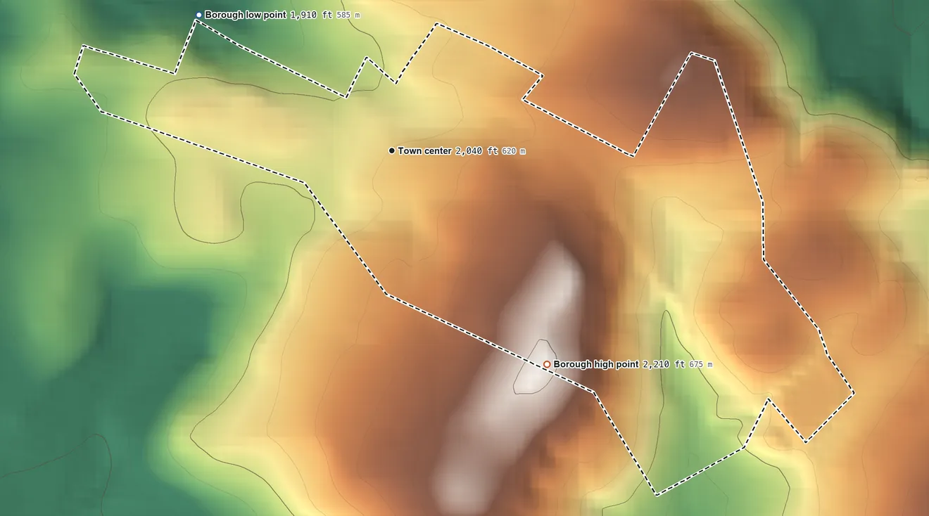 Topographic elevation map of Addison, Pennsylvania, shaded from 1,910 ft on the northwest side to 2,210 ft at the foot of the Negro Mountain