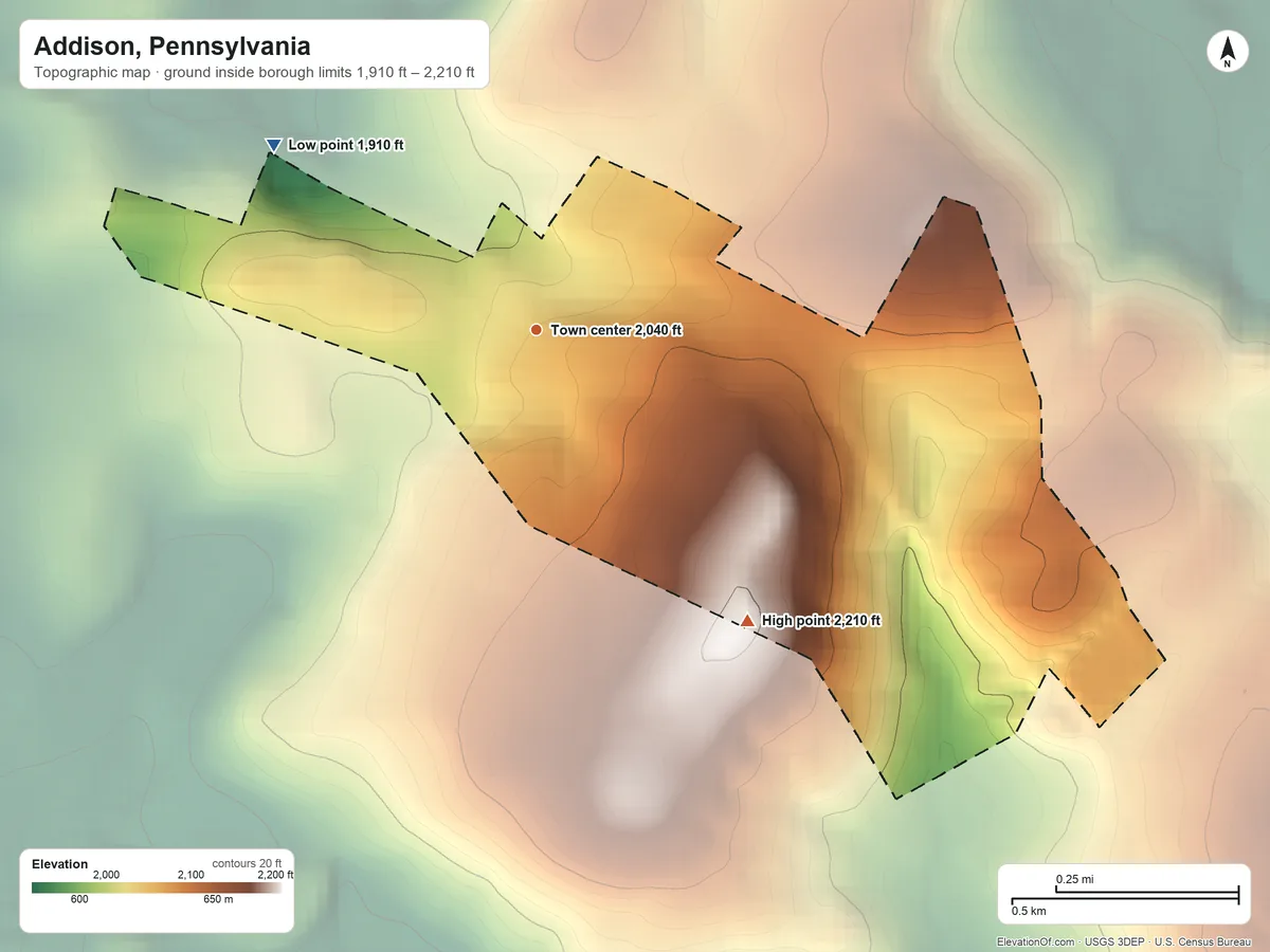 Topographic elevation map of Addison, Pennsylvania, shaded from 1,910 ft on the northwest side to 2,210 ft at the foot of the Negro Mountain
