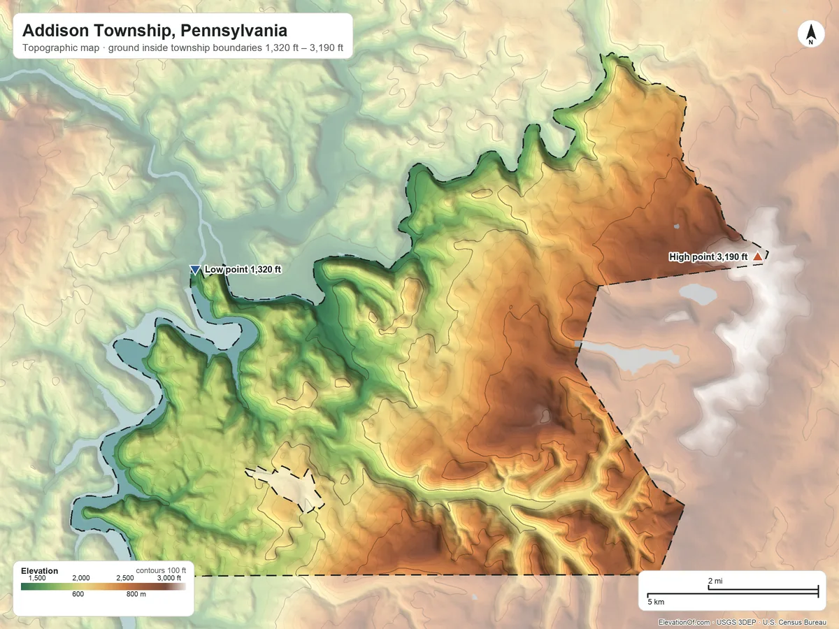 Topographic elevation map of Addison Township, Pennsylvania, shaded from 1,320 ft on the northwest side to 3,190 ft on the northeast side