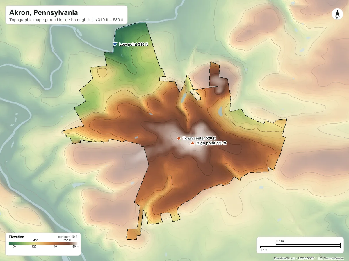 Topographic elevation map of Akron, Pennsylvania, shaded from 310 ft on the northwest side to 530 ft near the middle