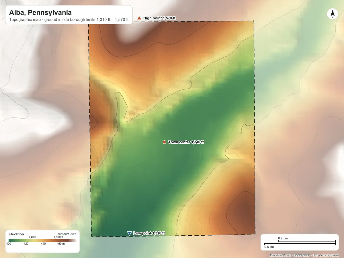 Topographic elevation map of Alba, Pennsylvania, shaded from 1,310 ft on the south side to 1,570 ft on the north edge, below higher ground just outside