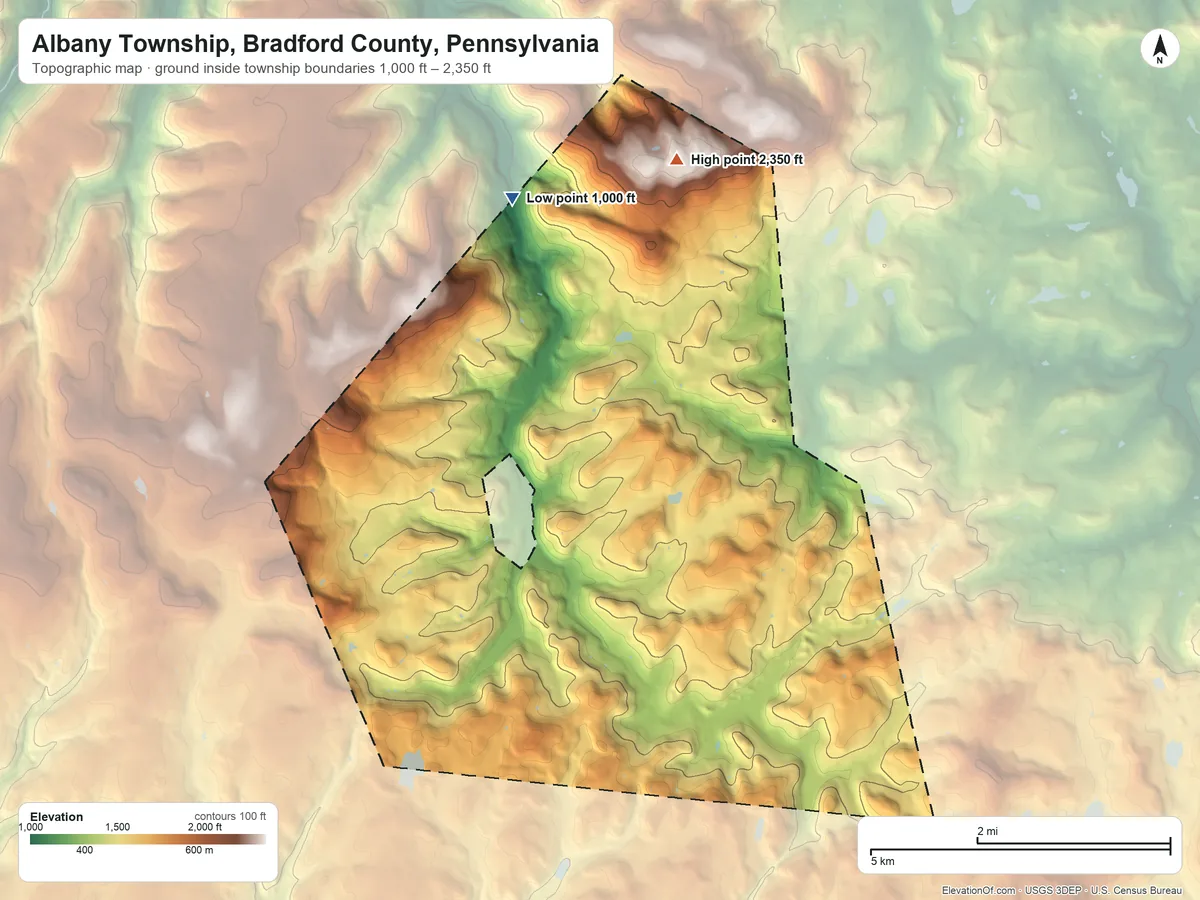 Topographic elevation map of Albany Township, Bradford County, Pennsylvania, shaded from 1,000 ft on the northwest side to 2,350 ft on Robwood Mountain