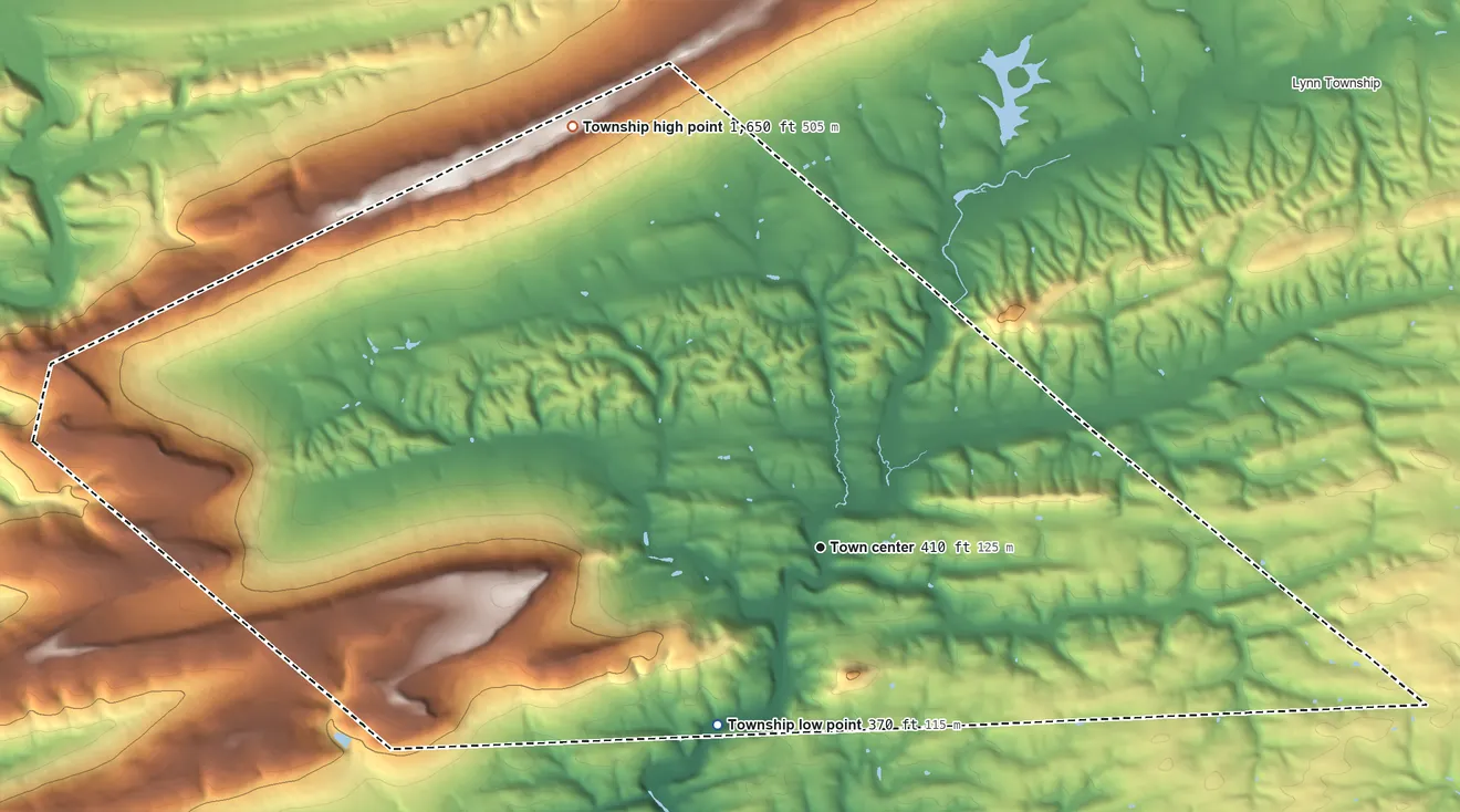 Topographic elevation map of Albany Township, Pennsylvania, shaded from 370 ft on the southwest side to 1,650 ft on the northwest side