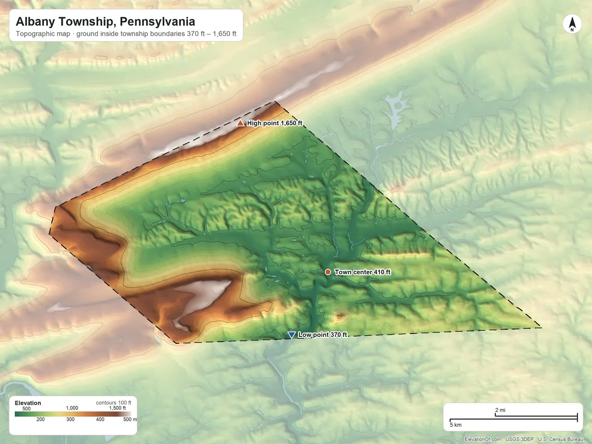 Topographic elevation map of Albany Township, Pennsylvania, shaded from 370 ft on the southwest side to 1,650 ft on the northwest side