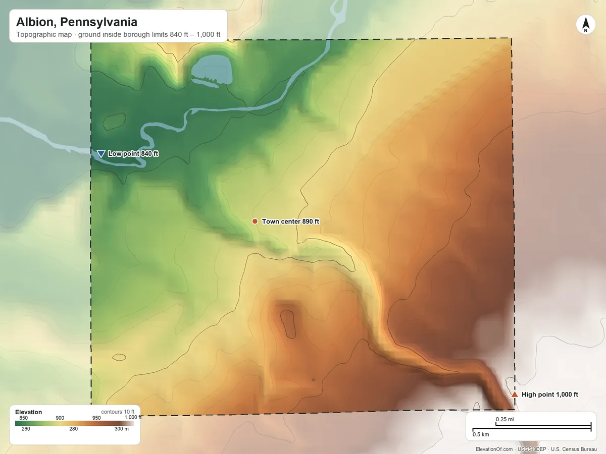 Topographic elevation map of Albion, Pennsylvania, shaded from 840 ft on the northwest side to 1,000 ft on the southeast side