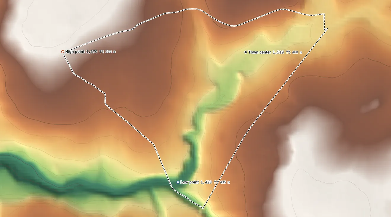 Topographic elevation map of Albrightsville, Pennsylvania, shaded from 1,420 ft on the southwest side to 1,670 ft at the foot of the Indian Hills