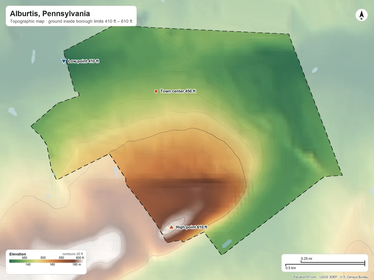 Topographic elevation map of Alburtis, Pennsylvania, shaded from 410 ft on the west side to 610 ft on the south edge, below higher ground just outside