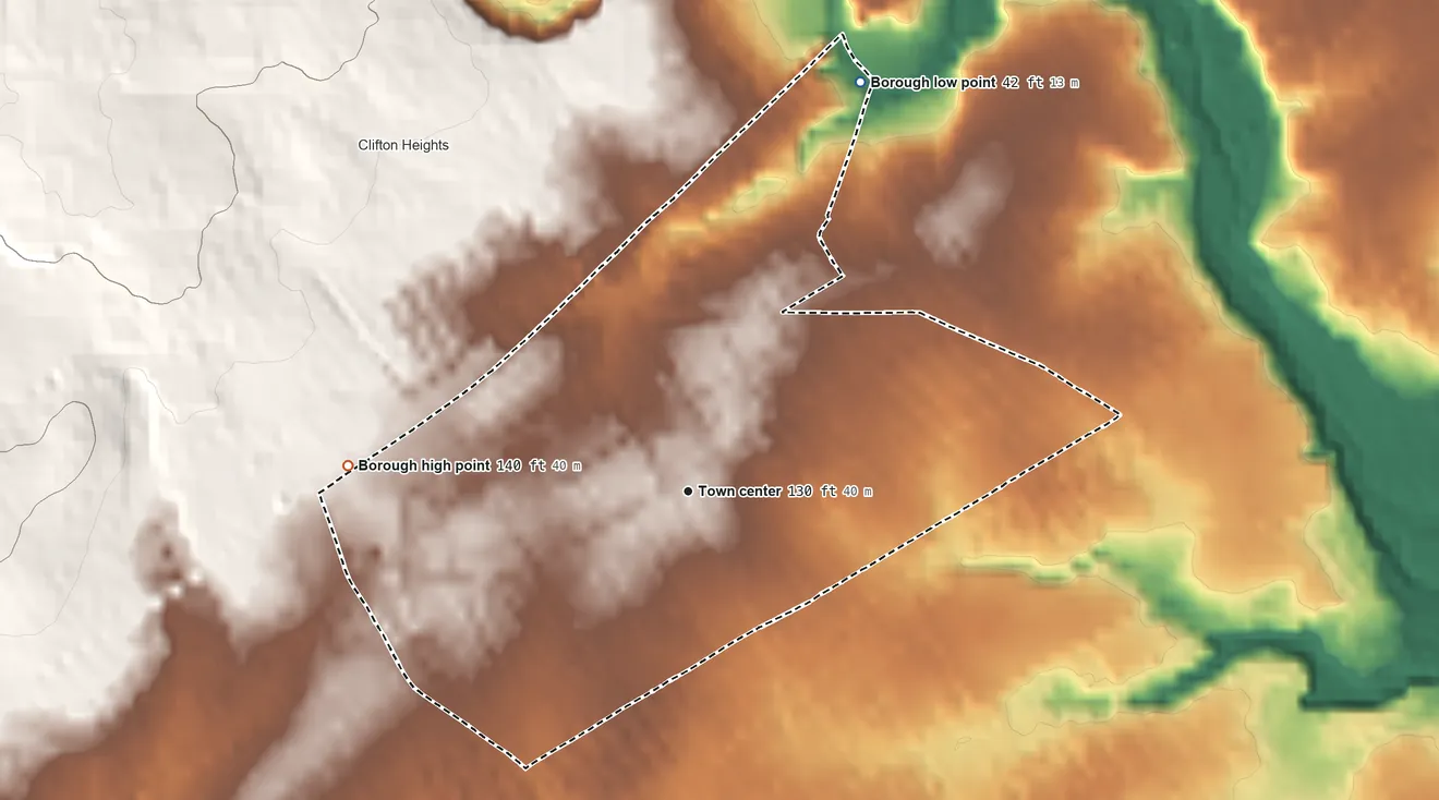 Topographic elevation map of Aldan, Pennsylvania, shaded from 42 ft on the northeast side to 140 ft on the west side