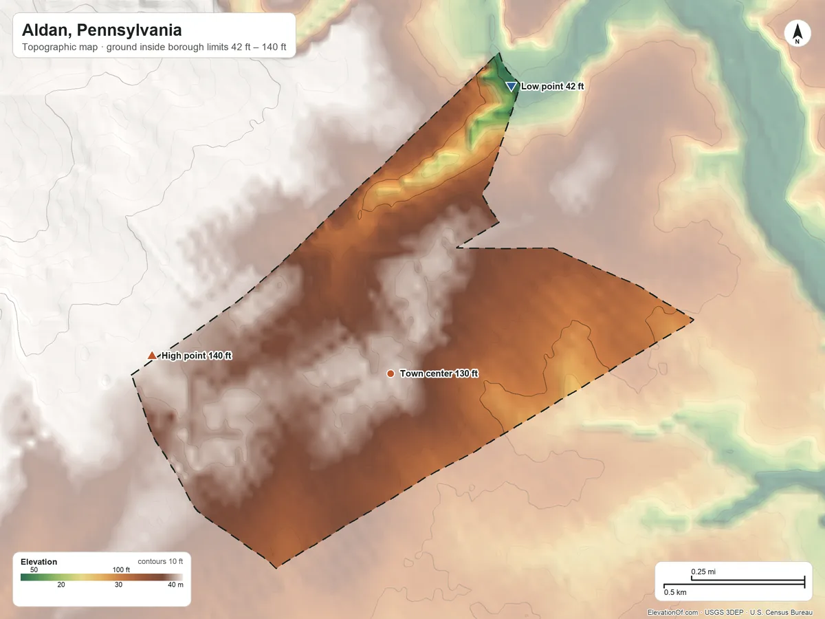 Topographic elevation map of Aldan, Pennsylvania, shaded from 42 ft on the northeast side to 140 ft on the west side