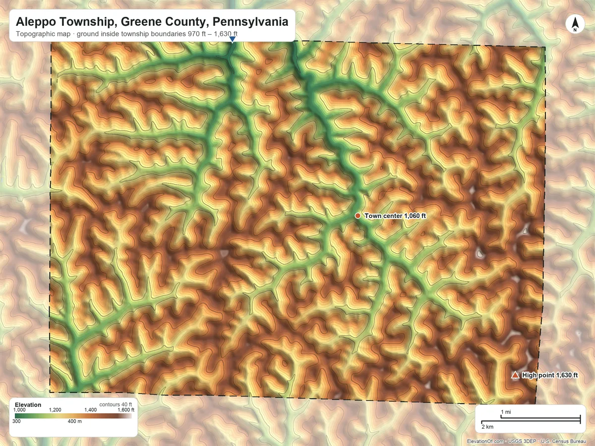 Topographic elevation map of Aleppo Township, Greene County, Pennsylvania, shaded from 970 ft on the northwest side to 1,630 ft on the southeast side