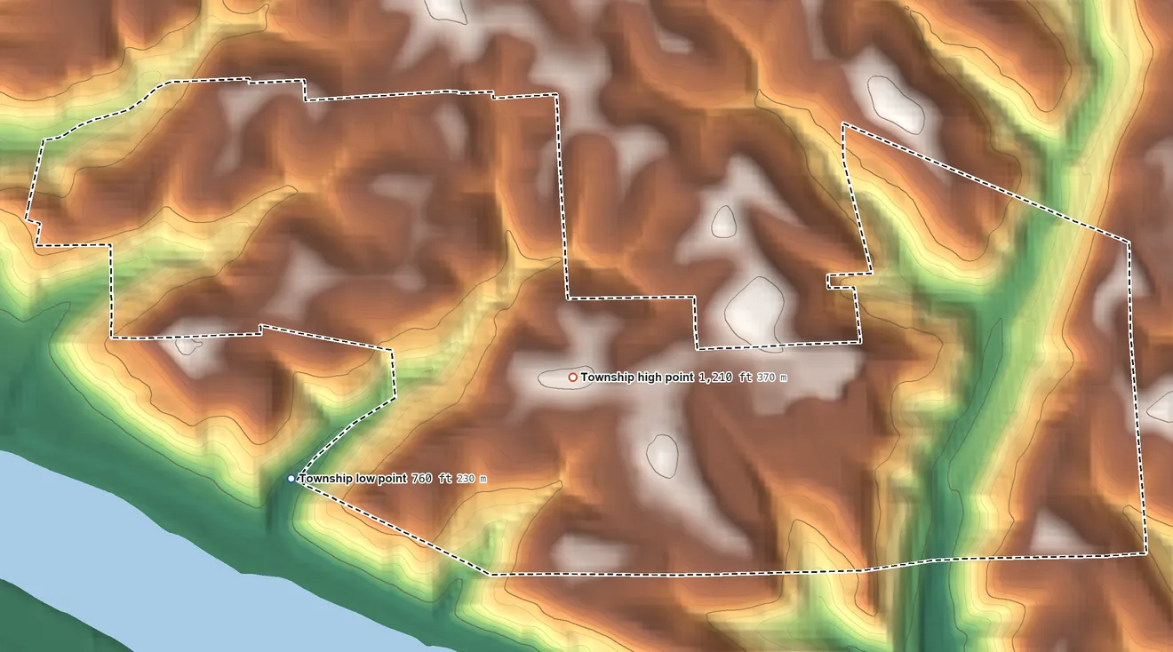 Topographic elevation map of Aleppo Township, Pennsylvania, shaded from 760 ft on the southwest side to 1,210 ft on the southeast side
