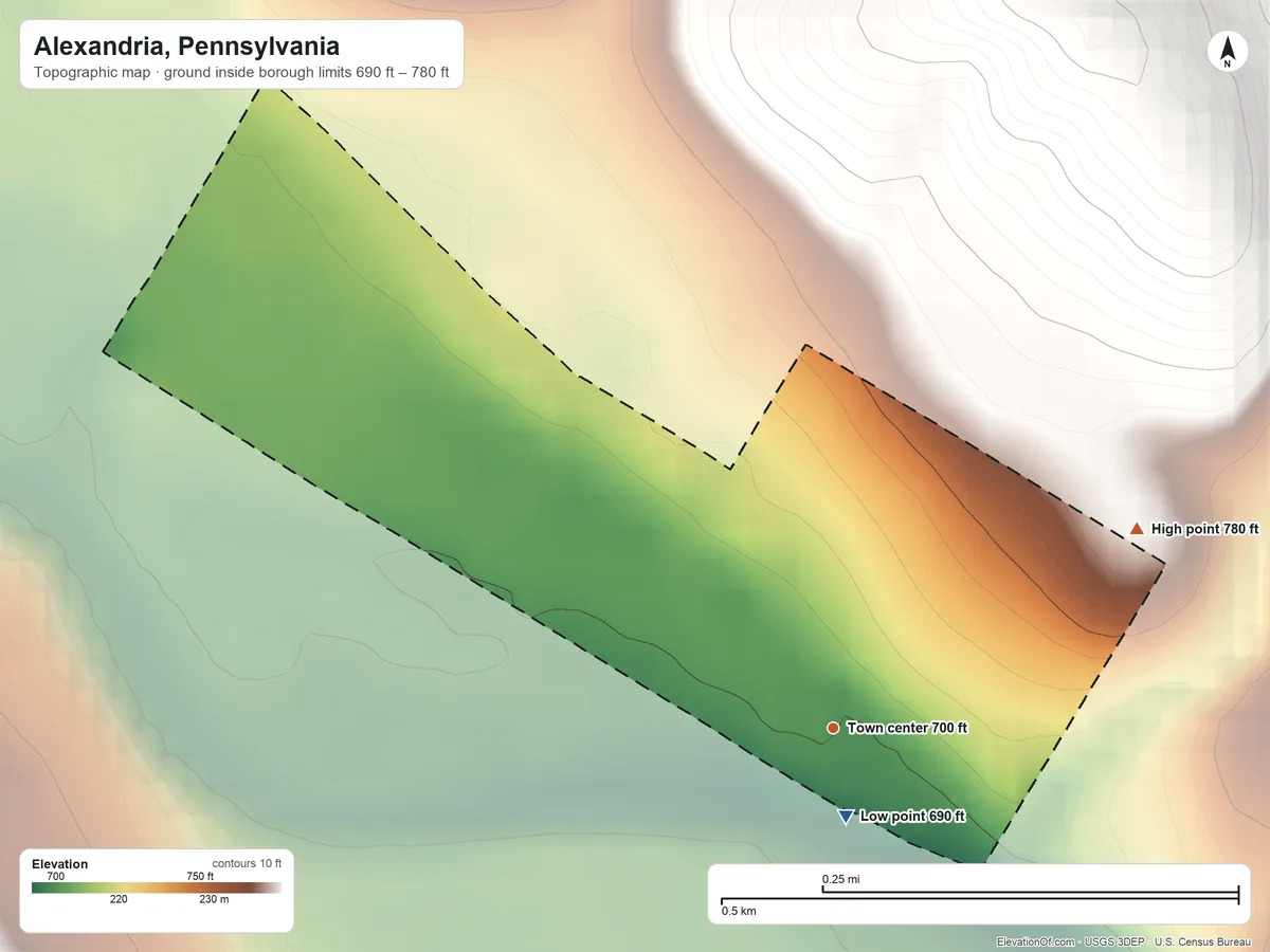 Topographic elevation map of Alexandria, Pennsylvania, shaded from 690 ft near the middle to 780 ft on the northeast edge, below higher ground just outside