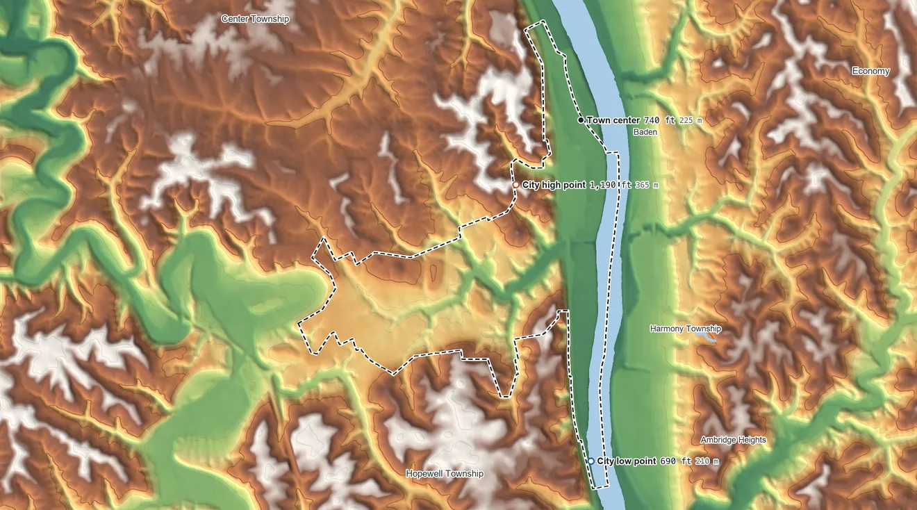 Topographic elevation map of Aliquippa, Pennsylvania, shaded from 690 ft on the south side to 1,190 ft on the southwest side