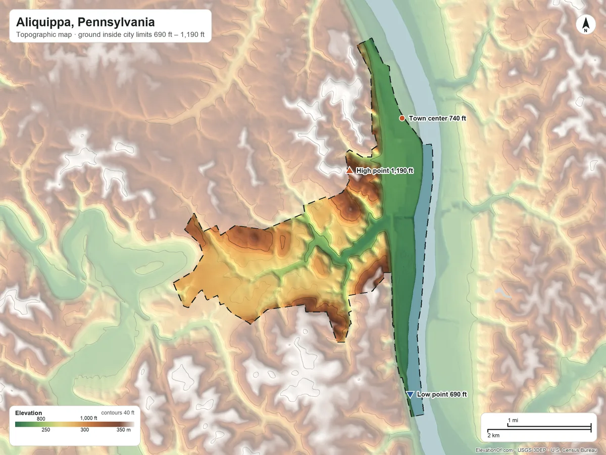 Topographic elevation map of Aliquippa, Pennsylvania, shaded from 690 ft on the south side to 1,190 ft on the southwest side