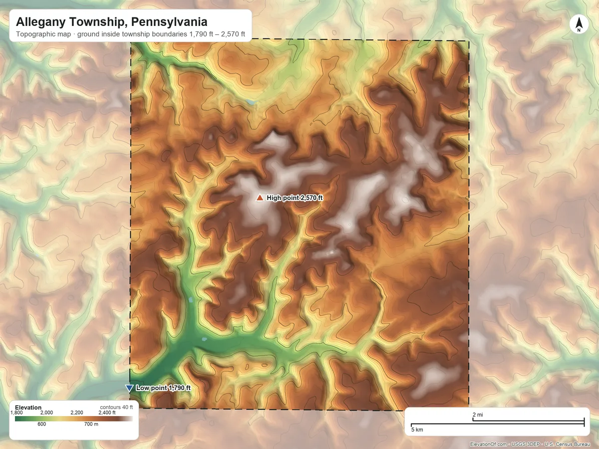 Topographic elevation map of Allegany Township, Pennsylvania, shaded from 1,790 ft on the southwest side to 2,570 ft near the middle