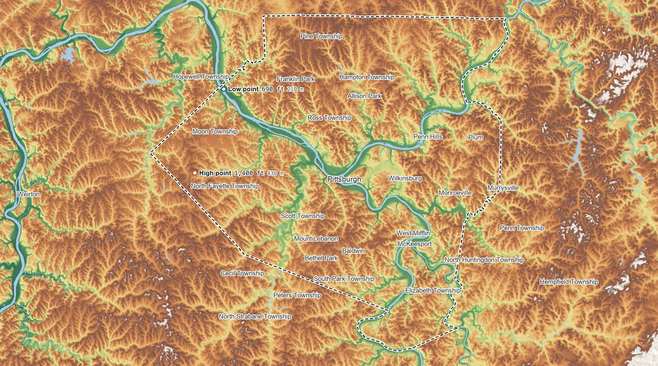 Topographic elevation map of Allegheny County, Pennsylvania, shaded from 690 ft on the northwest side to 1,400 ft on the west side