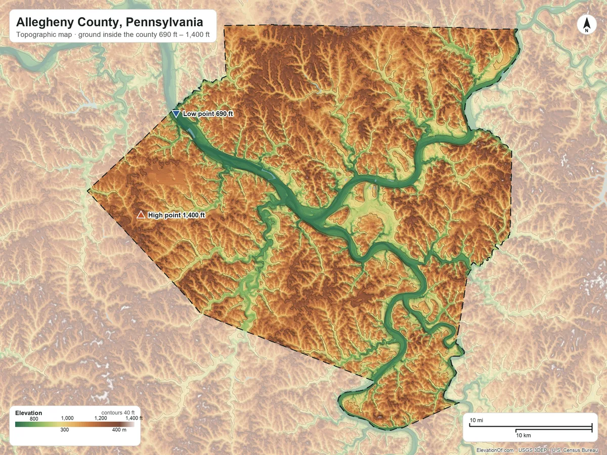 Topographic elevation map of Allegheny County, Pennsylvania, shaded from 690 ft on the northwest side to 1,400 ft on the west side