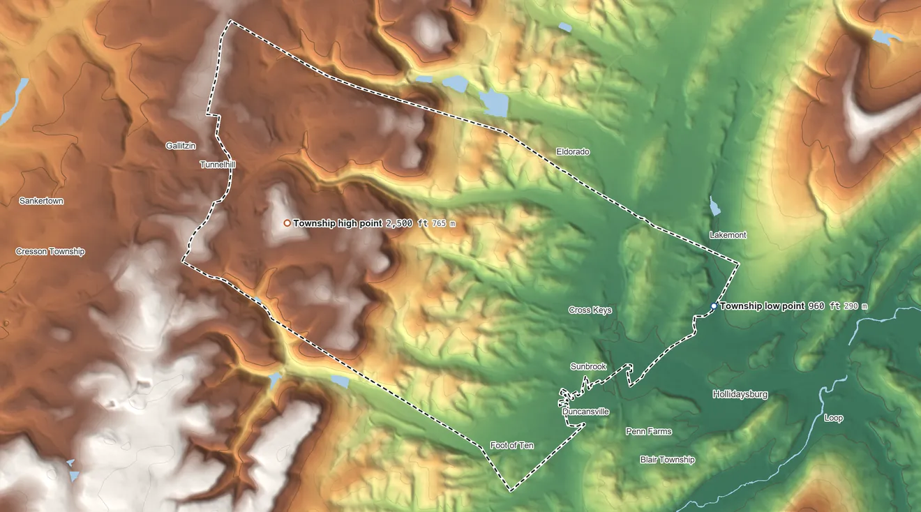 Topographic elevation map of Allegheny Township, Blair County, Pennsylvania, shaded from 960 ft on the east side to 2,500 ft on the west side
