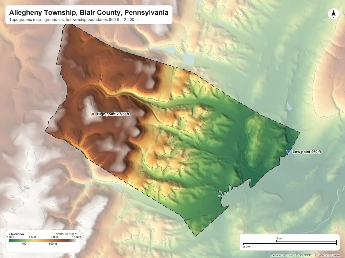 Topographic elevation map of Allegheny Township, Blair County, Pennsylvania, shaded from 960 ft on the east side to 2,500 ft on the west side
