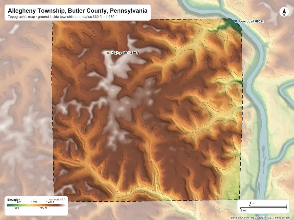 Topographic elevation map of Allegheny Township, Butler County, Pennsylvania, shaded from 860 ft on the northeast side to 1,580 ft on the northwest side