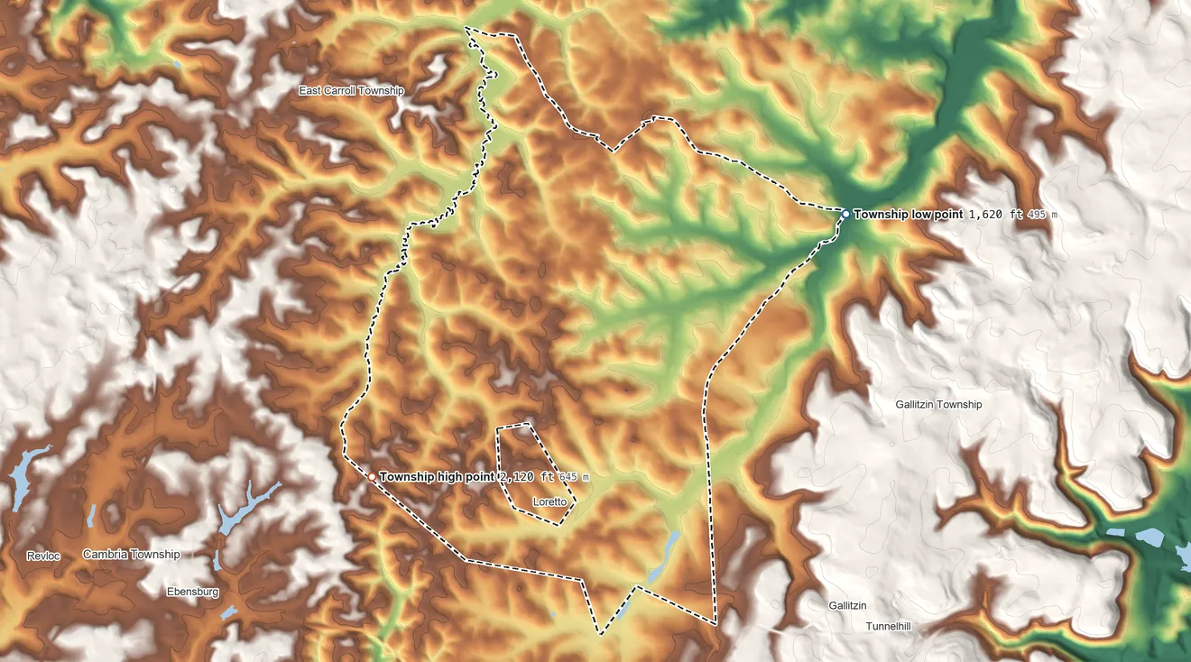 Topographic elevation map of Allegheny Township, Cambria County, Pennsylvania, shaded from 1,620 ft on the northeast side to 2,120 ft on the west side
