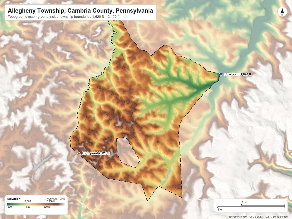 Topographic elevation map of Allegheny Township, Cambria County, Pennsylvania, shaded from 1,620 ft on the northeast side to 2,120 ft on the west side