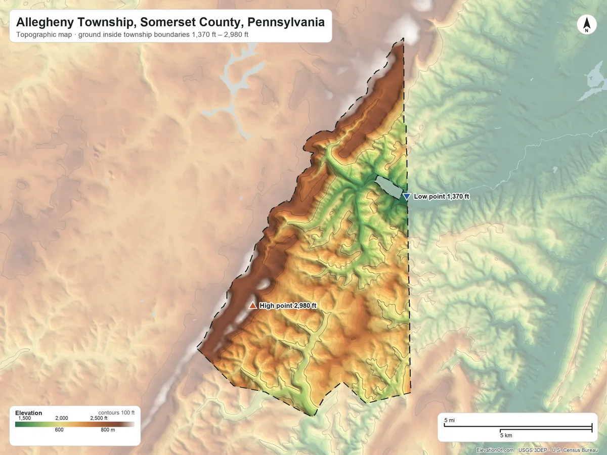 Topographic elevation map of Allegheny Township, Somerset County, Pennsylvania, shaded from 1,370 ft on the northeast side to 2,980 ft on the southwest side