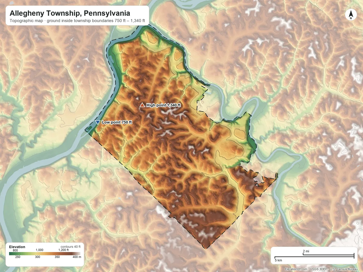 Topographic elevation map of Allegheny Township, Pennsylvania, shaded from 750 ft on the west side to 1,340 ft on the northwest side