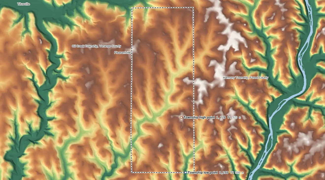 Topographic elevation map of Allegheny Township, Venango County, Pennsylvania, shaded from 1,280 ft on the south side to 1,720 ft on the south side