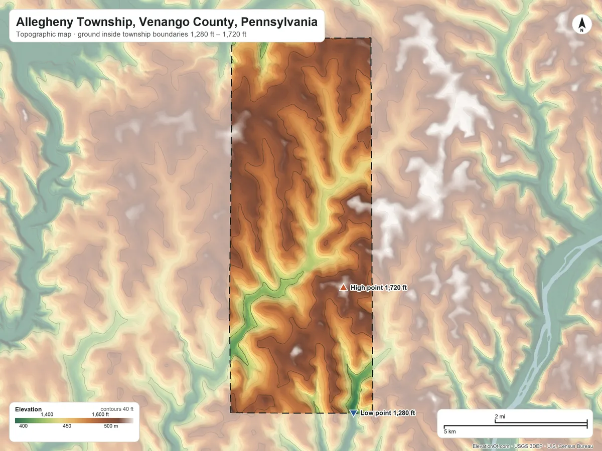 Topographic elevation map of Allegheny Township, Venango County, Pennsylvania, shaded from 1,280 ft on the south side to 1,720 ft on the south side