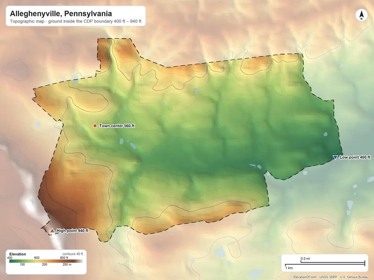 Topographic elevation map of Alleghenyville, Pennsylvania, shaded from 400 ft on the east side to 940 ft on the south side