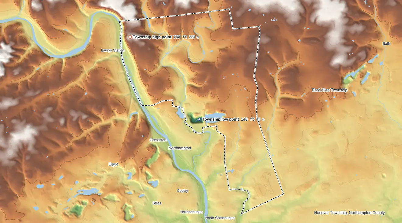 Topographic elevation map of Allen Township, Pennsylvania, shaded from 140 ft near the middle to 730 ft on the northwest side