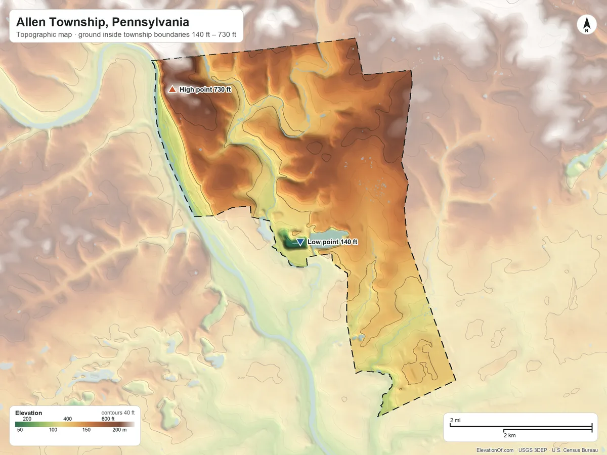 Topographic elevation map of Allen Township, Pennsylvania, shaded from 140 ft near the middle to 730 ft on the northwest side