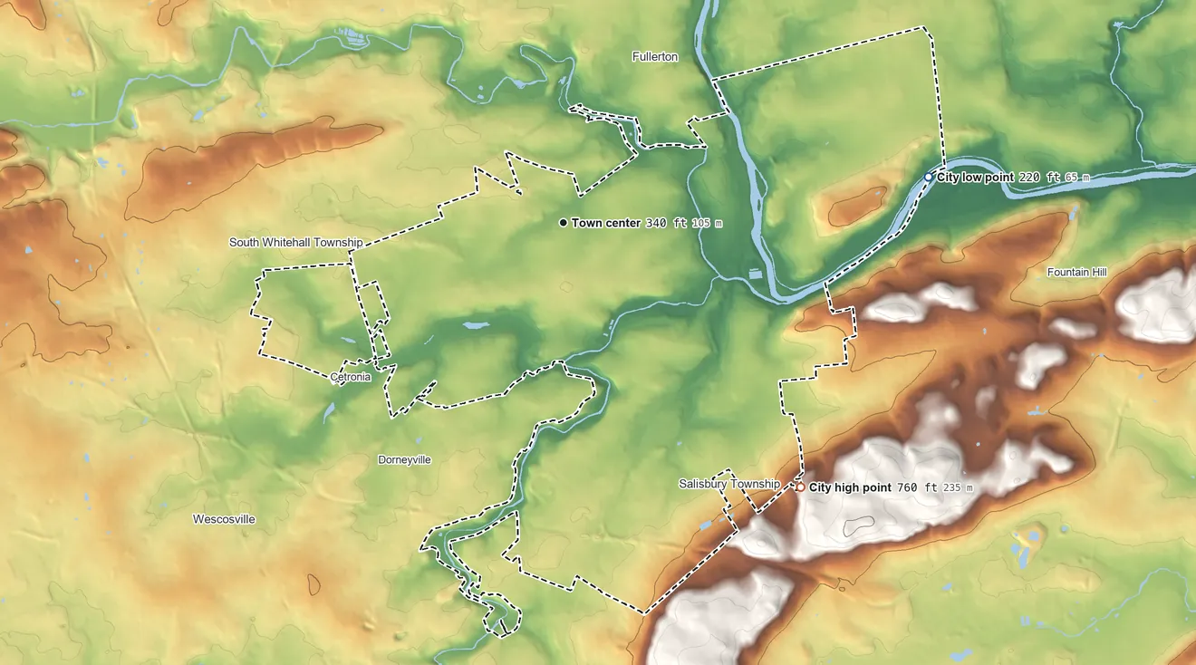 Topographic elevation map of Allentown, Pennsylvania, shaded from 220 ft on the east side to 760 ft on the southeast side