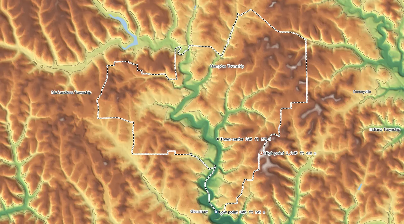 Topographic elevation map of Allison Park, Pennsylvania, shaded from 800 ft on the south side to 1,340 ft on the east side