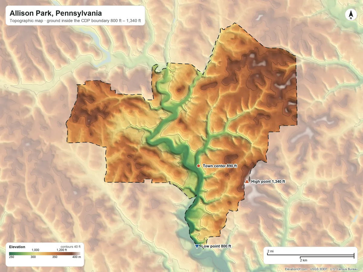 Topographic elevation map of Allison Park, Pennsylvania, shaded from 800 ft on the south side to 1,340 ft on the east side