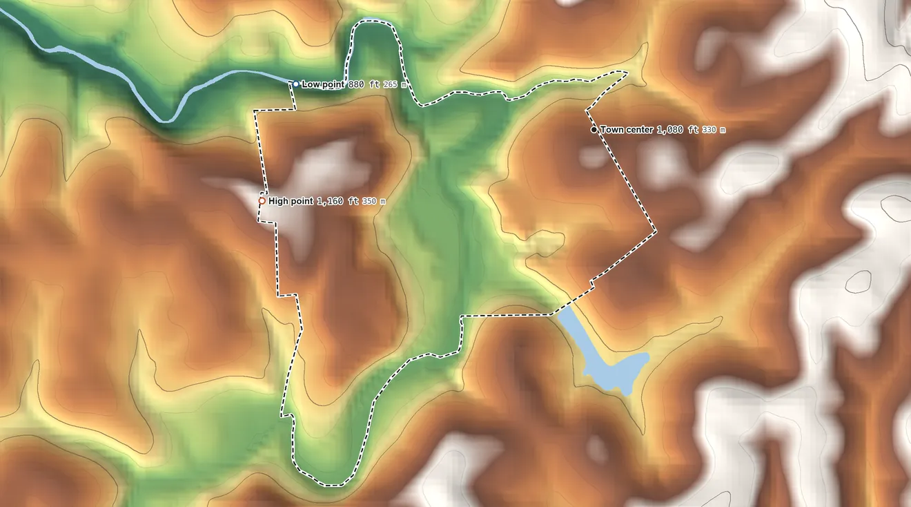 Topographic elevation map of Allison, Pennsylvania, shaded from 880 ft on the west side to 1,160 ft on the west side