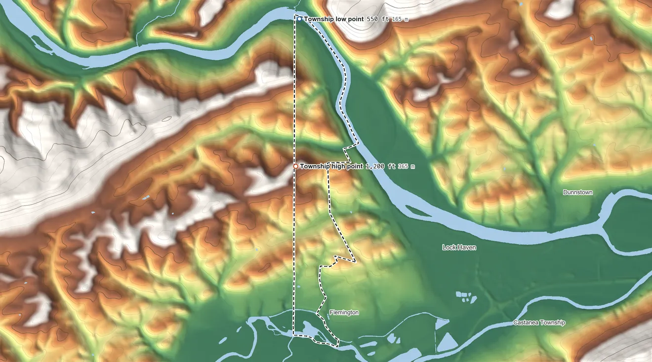 Topographic elevation map of Allison Township, Pennsylvania, shaded from 550 ft on the north side to 1,200 ft on the southwest edge, below higher ground just outside