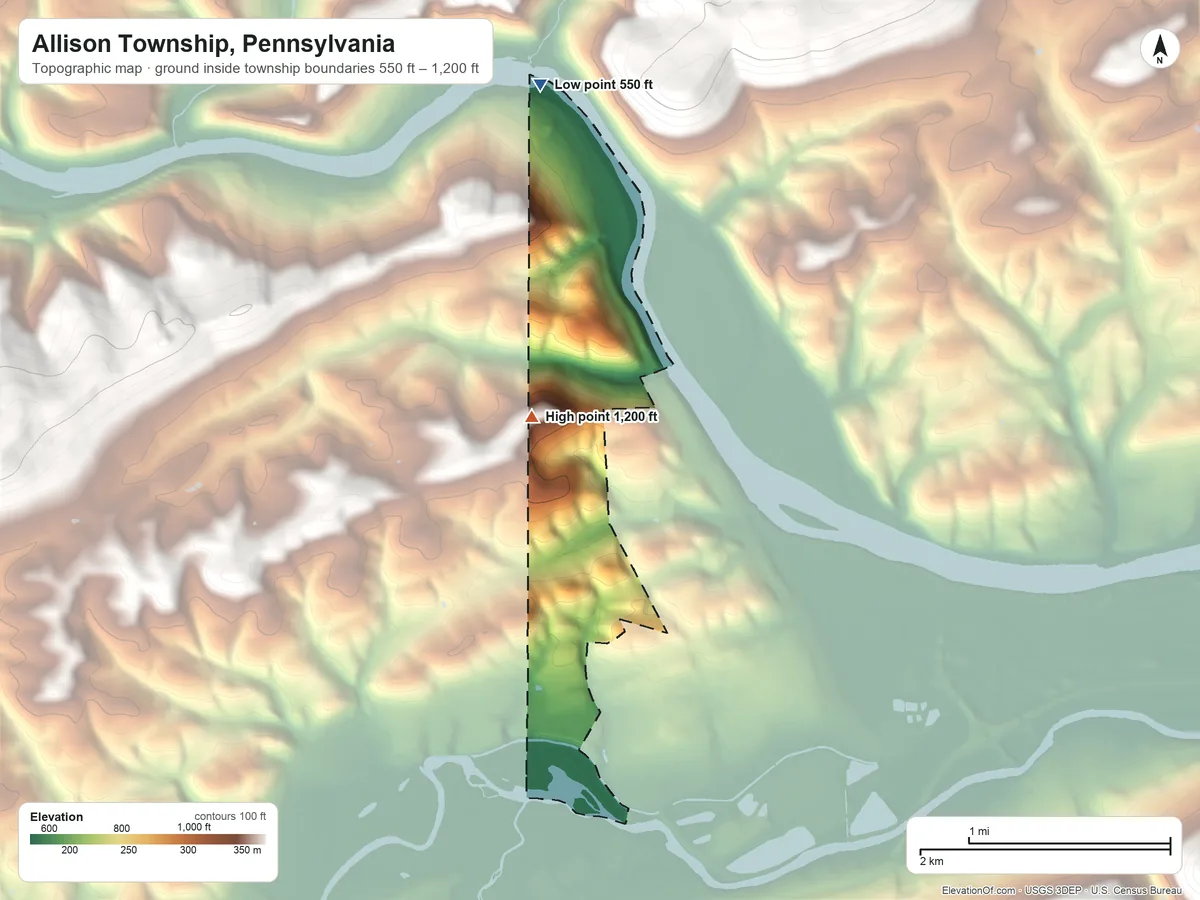 Topographic elevation map of Allison Township, Pennsylvania, shaded from 550 ft on the north side to 1,200 ft on the southwest edge, below higher ground just outside