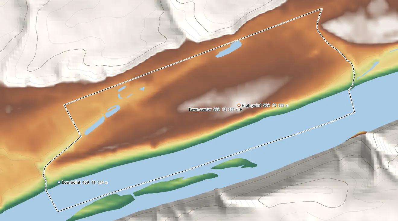 Topographic elevation map of Almedia, Pennsylvania, shaded from 460 ft on the west side to 500 ft at the foot of the Little Mountain
