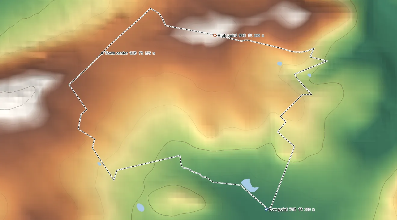 Topographic elevation map of Alsace Manor, Pennsylvania, shaded from 740 ft on the southeast side to 980 ft on the east side