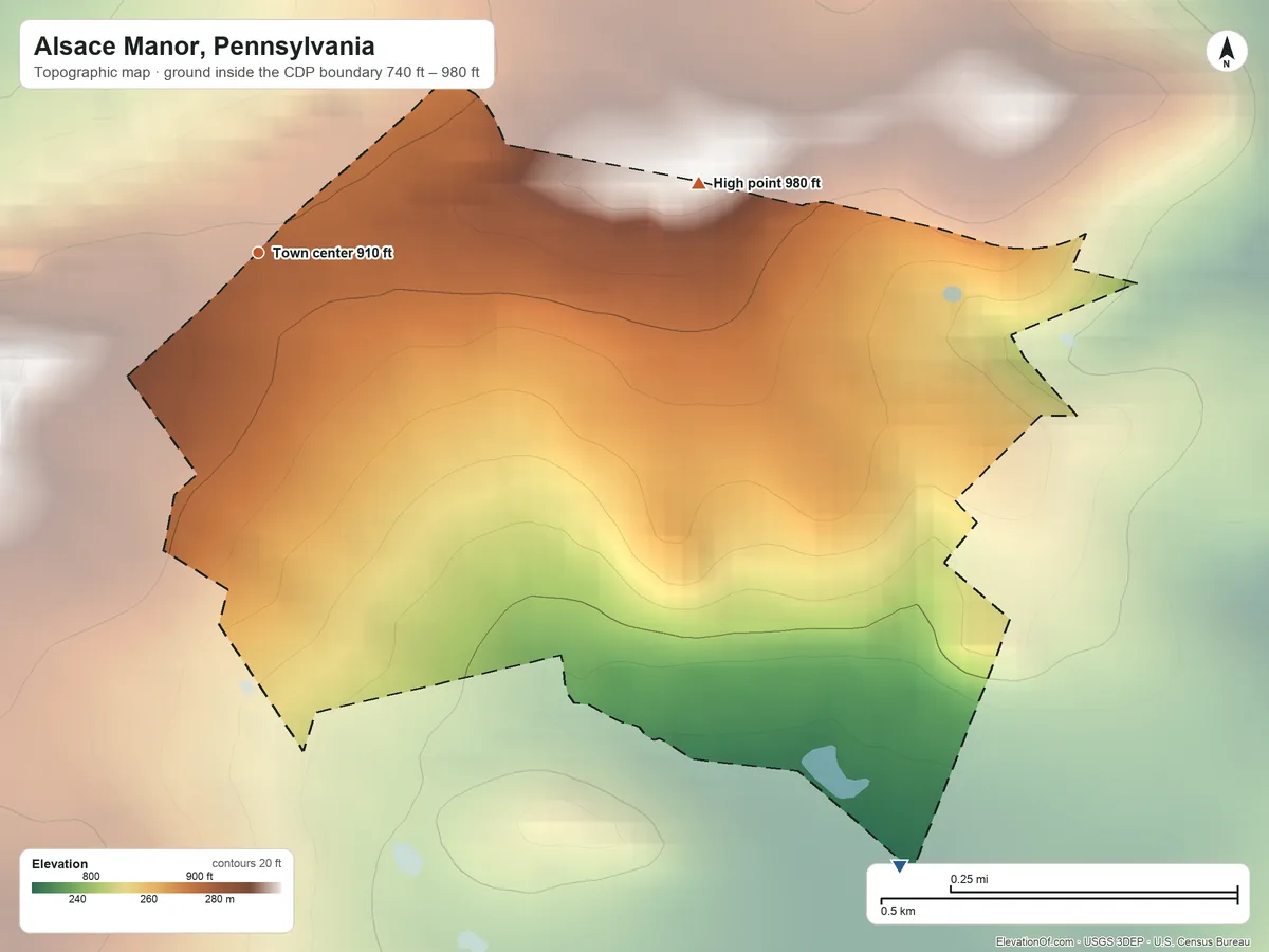 Topographic elevation map of Alsace Manor, Pennsylvania, shaded from 740 ft on the southeast side to 980 ft on the east side