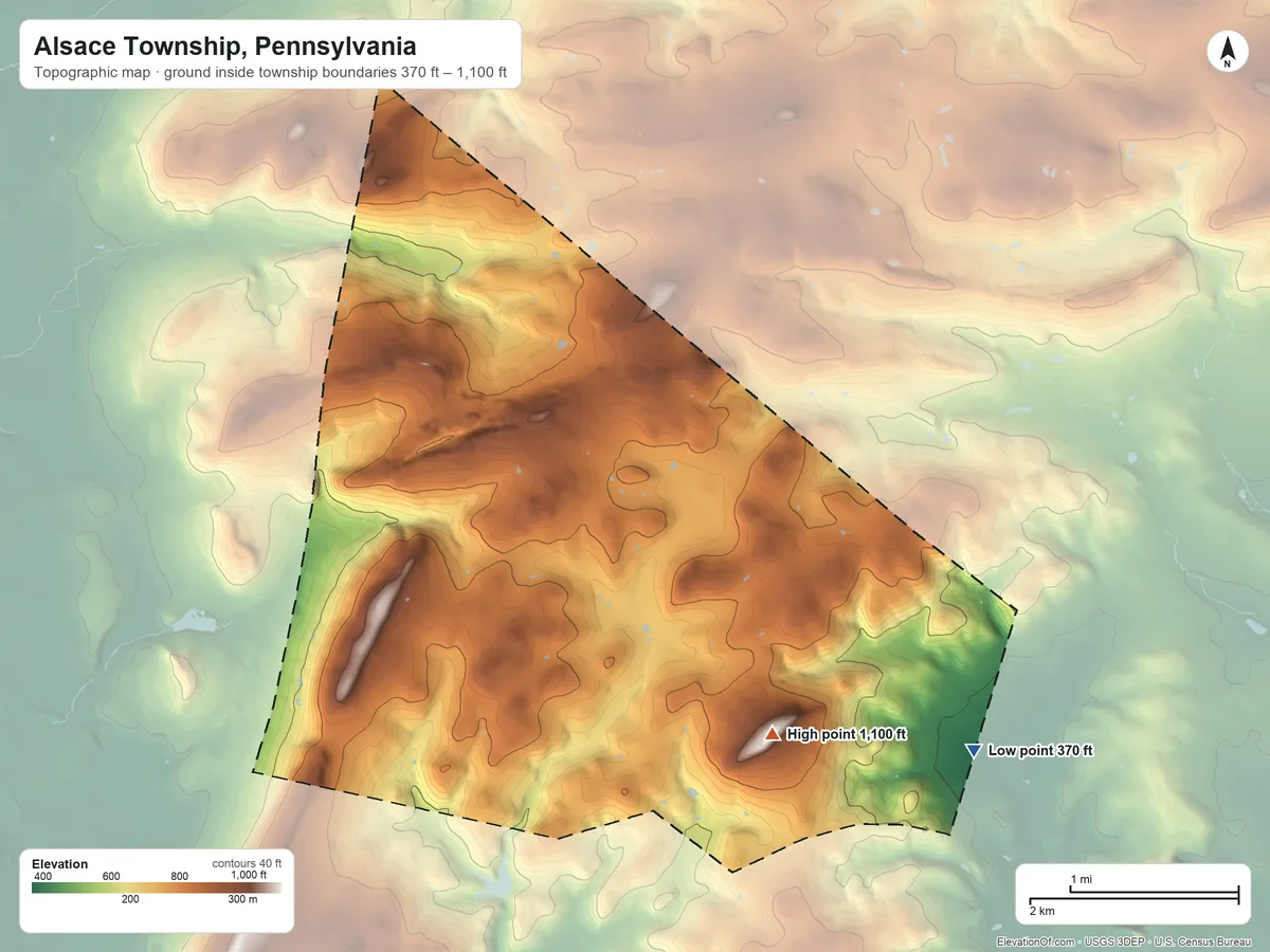 Topographic elevation map of Alsace Township, Pennsylvania, shaded from 370 ft on the east side to 1,100 ft on Church Hill