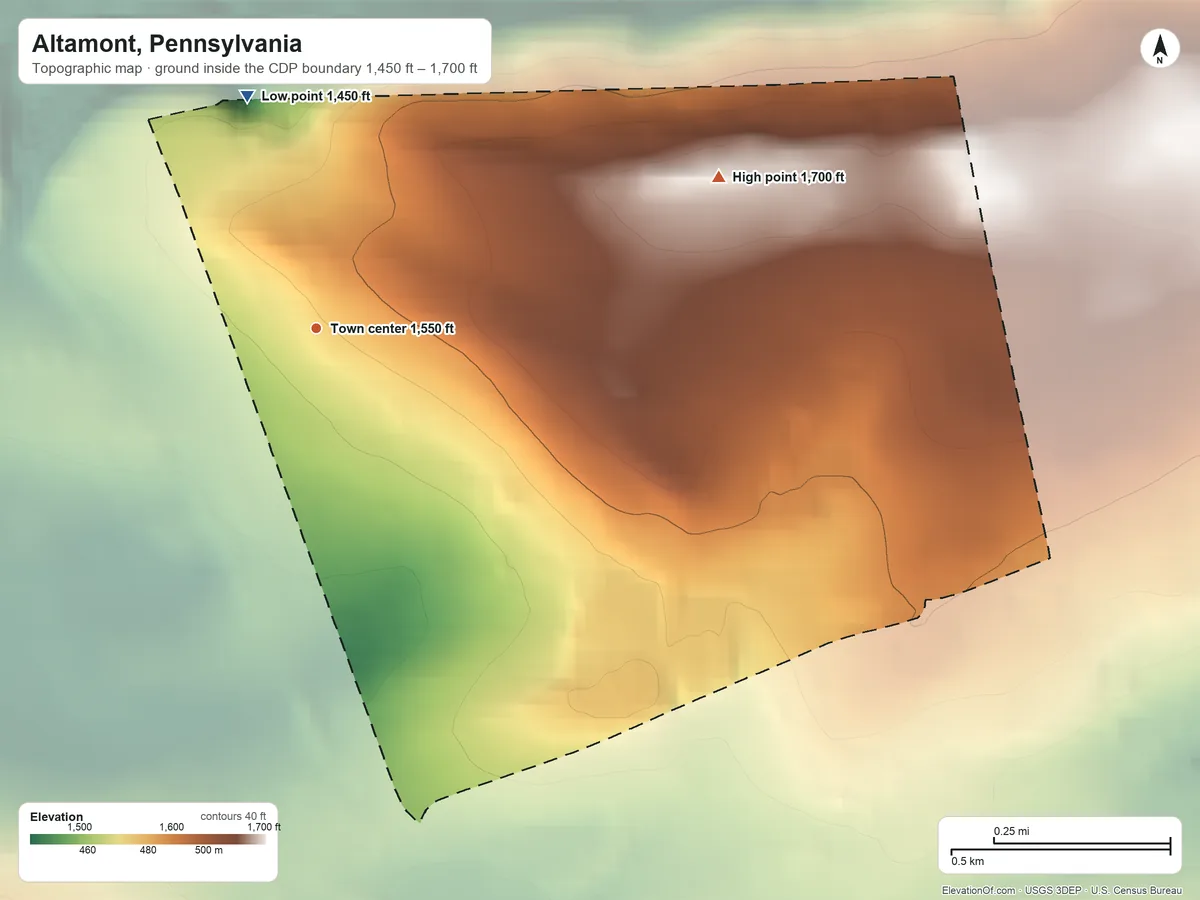 Topographic elevation map of Altamont, Pennsylvania, shaded from 1,450 ft on the north side to 1,700 ft on the east side