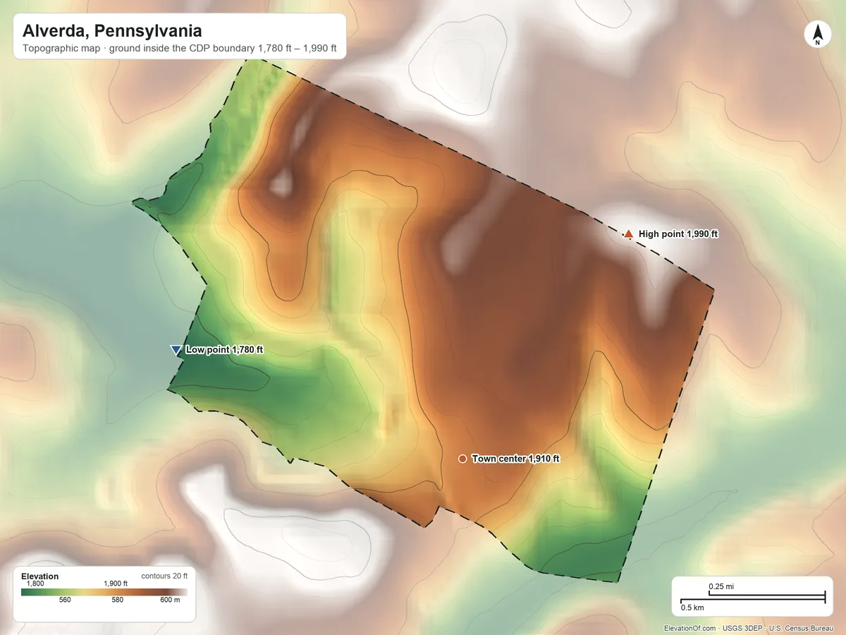 Topographic elevation map of Alverda, Pennsylvania, shaded from 1,780 ft on the west side to 1,990 ft on the northeast side