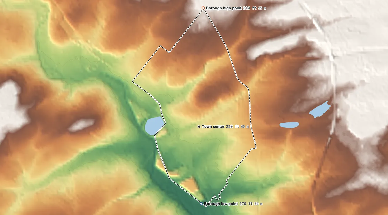 Topographic elevation map of Ambler, Pennsylvania, shaded from 170 ft on the south side to 310 ft on the north side