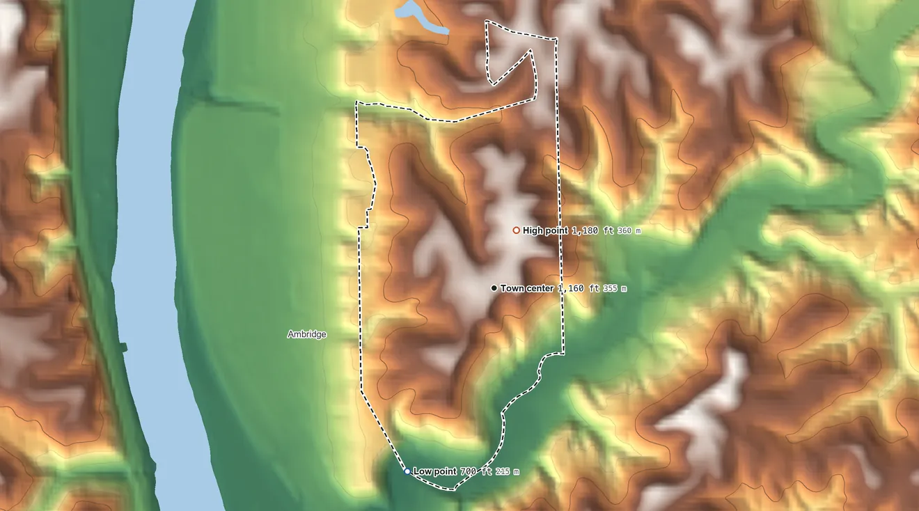 Topographic elevation map of Ambridge Heights, Pennsylvania, shaded from 700 ft on the southwest side to 1,180 ft on the north side