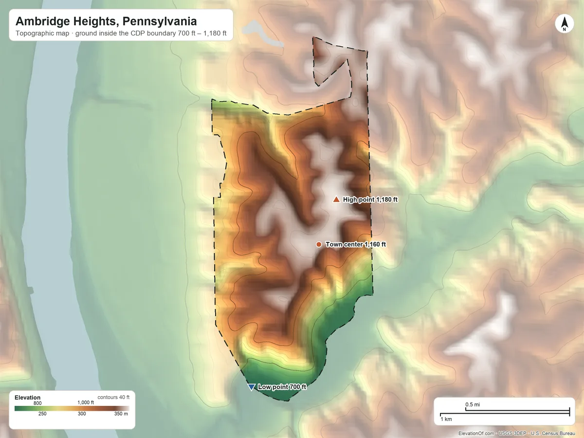 Topographic elevation map of Ambridge Heights, Pennsylvania, shaded from 700 ft on the southwest side to 1,180 ft on the north side